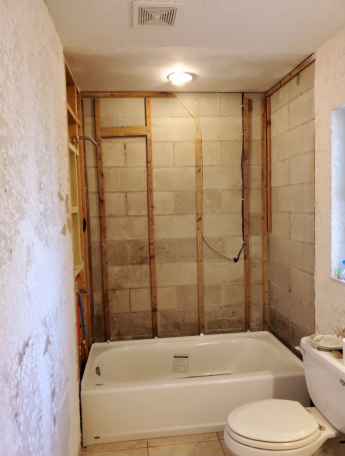 Bathroom stripped to studs and block after demolition